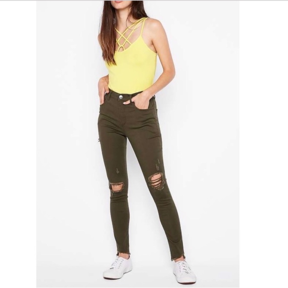 Express Green High Rise Distressed Jean Leggings